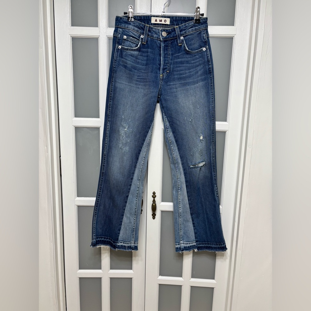 AMO Size 25 High Rise Two-Tone Flare Jeans Distressed Raw Hem